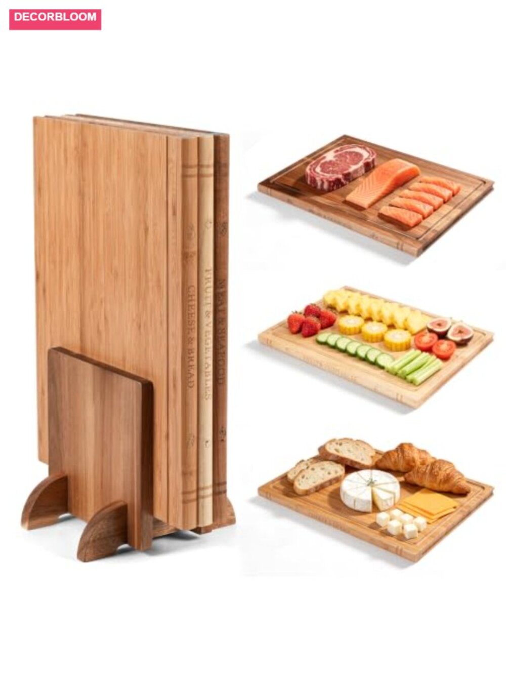 3-Piece Book Cutting Board Set Acacia Wood Bamboo Rubberwood Stand 16x11